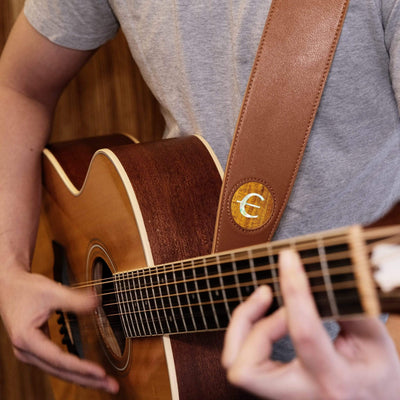 GibsonbyThalia Strap AAA Curly Hawaiian Koa & Epiphone Pearl "E" Logo Inlay | Italian Leather Strap