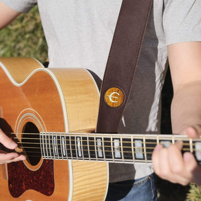 GibsonbyThalia Strap AAA Curly Hawaiian Koa & Epiphone Pearl "E" Logo Inlay | Italian Leather Strap