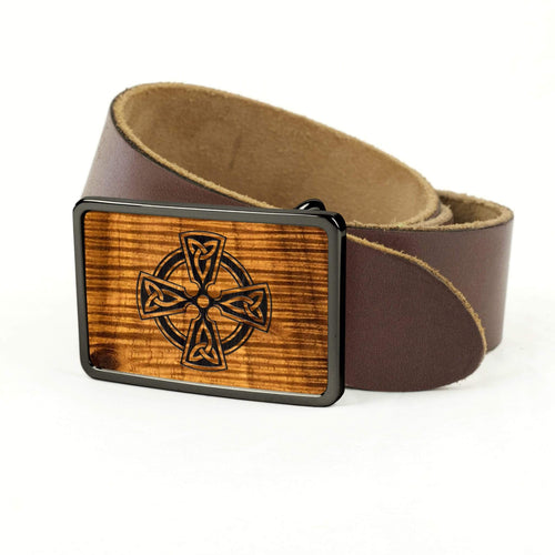 Thalia Belts AAA Curly Hawaiian Koa & Celtic Cross Engraving | Premium Leather Belt Black Chrome / Black / 32