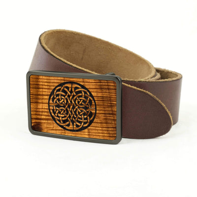 Thalia Belts AAA Curly Hawaiian Koa & Celtic Knot Engraving | Belt Buckle