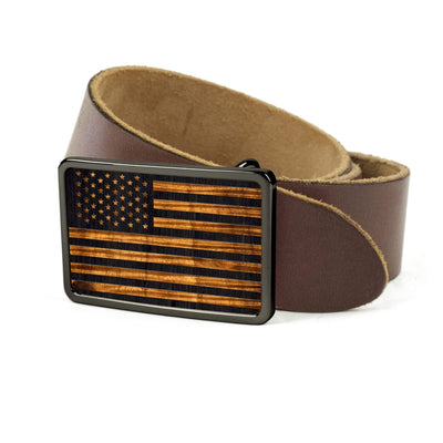 Thalia Belts AAA Curly Hawaiian Koa & Old Glory Engraving | Belt Buckle