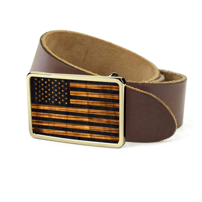 Thalia Belts AAA Curly Hawaiian Koa & Old Glory Engraving | Belt Buckle