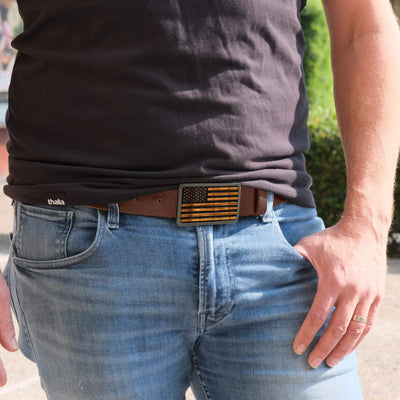 Thalia Belts AAA Curly Hawaiian Koa & Old Glory Engraving | Belt Buckle