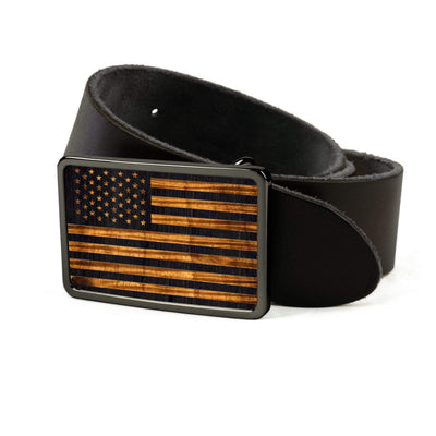 Thalia Belts AAA Curly Hawaiian Koa & Old Glory Engraving | Belt Buckle Black Chrome