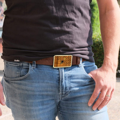 Thalia Belts AAA Curly Hawaiian Koa & Pearl Bee with Honeycomb Inlay | Belt Buckle