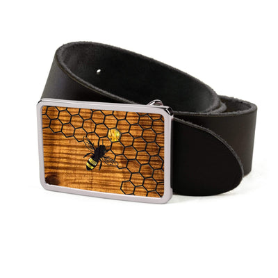 Thalia Belts AAA Curly Hawaiian Koa & Pearl Bee with Honeycomb Inlay | Belt Buckle Chrome