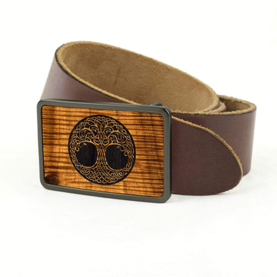 Thalia Belts AAA Curly Hawaiian Koa & Tree Of Life Engraving | Belt Buckle