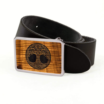 Thalia Belts AAA Curly Hawaiian Koa & Tree Of Life Engraving | Belt Buckle Chrome