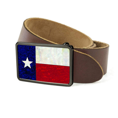 Thalia Belts Texas Lonestar Shell Inlay | Premium Leather Belt Black Chrome / Dark Brown / 32