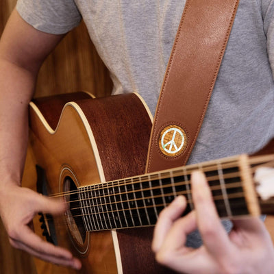 Thalia Strap AAA Curly Hawaiian Koa & Pearl Peace Sign Inlay | Italian Leather Strap